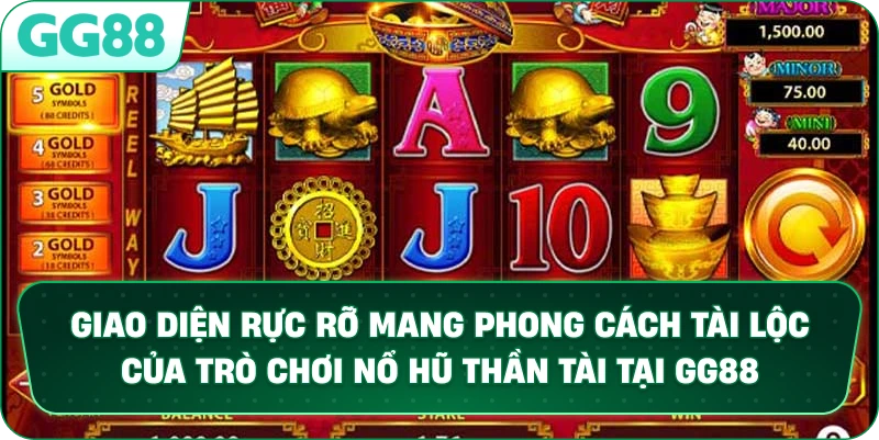 Giao diện rực rỡ mang phong cách tài lộc của trò chơi Nổ Hũ Thần Tài tại GG88.